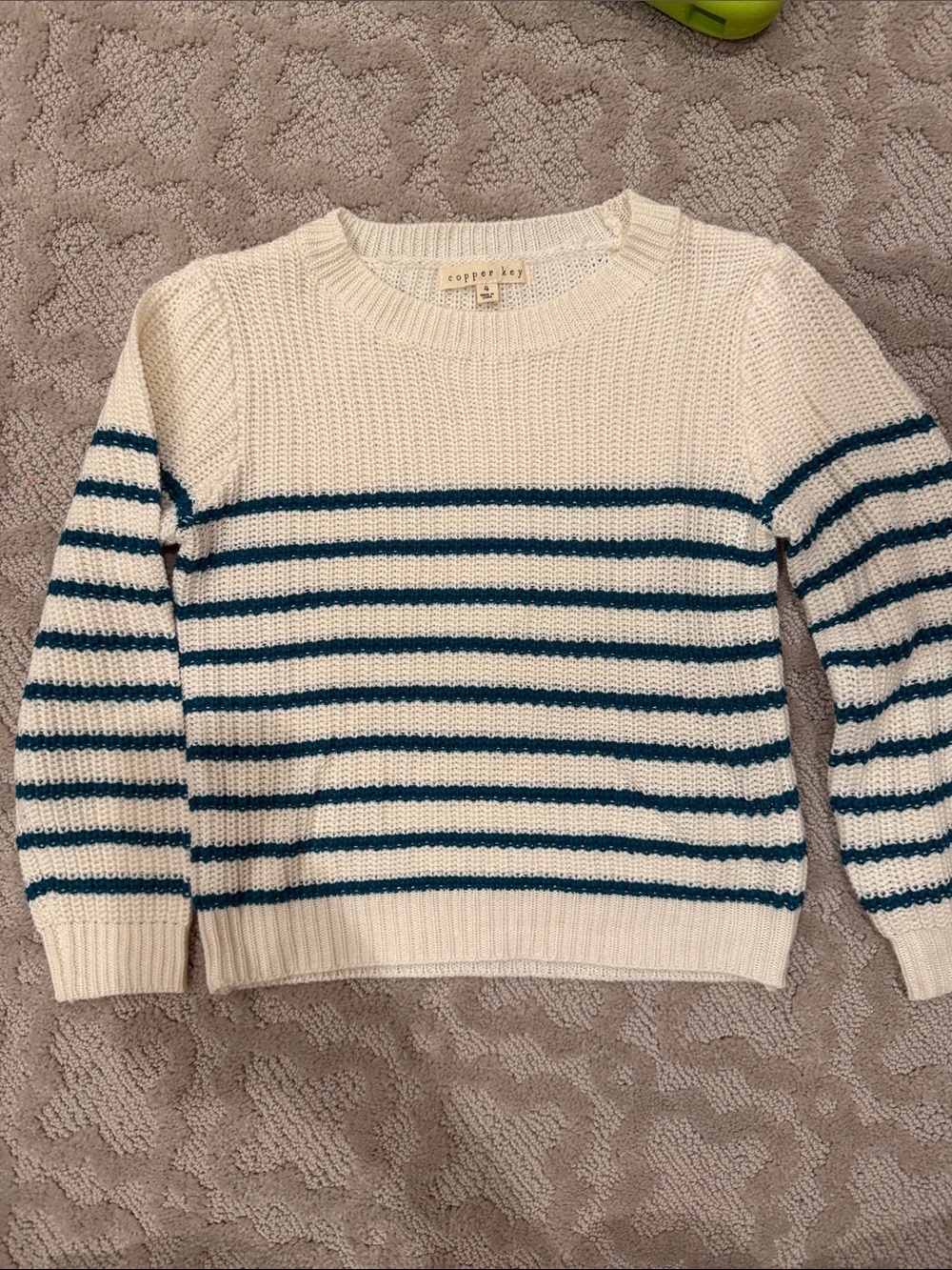 Copper Key Cream Sweater with Teal-Blue Stripes